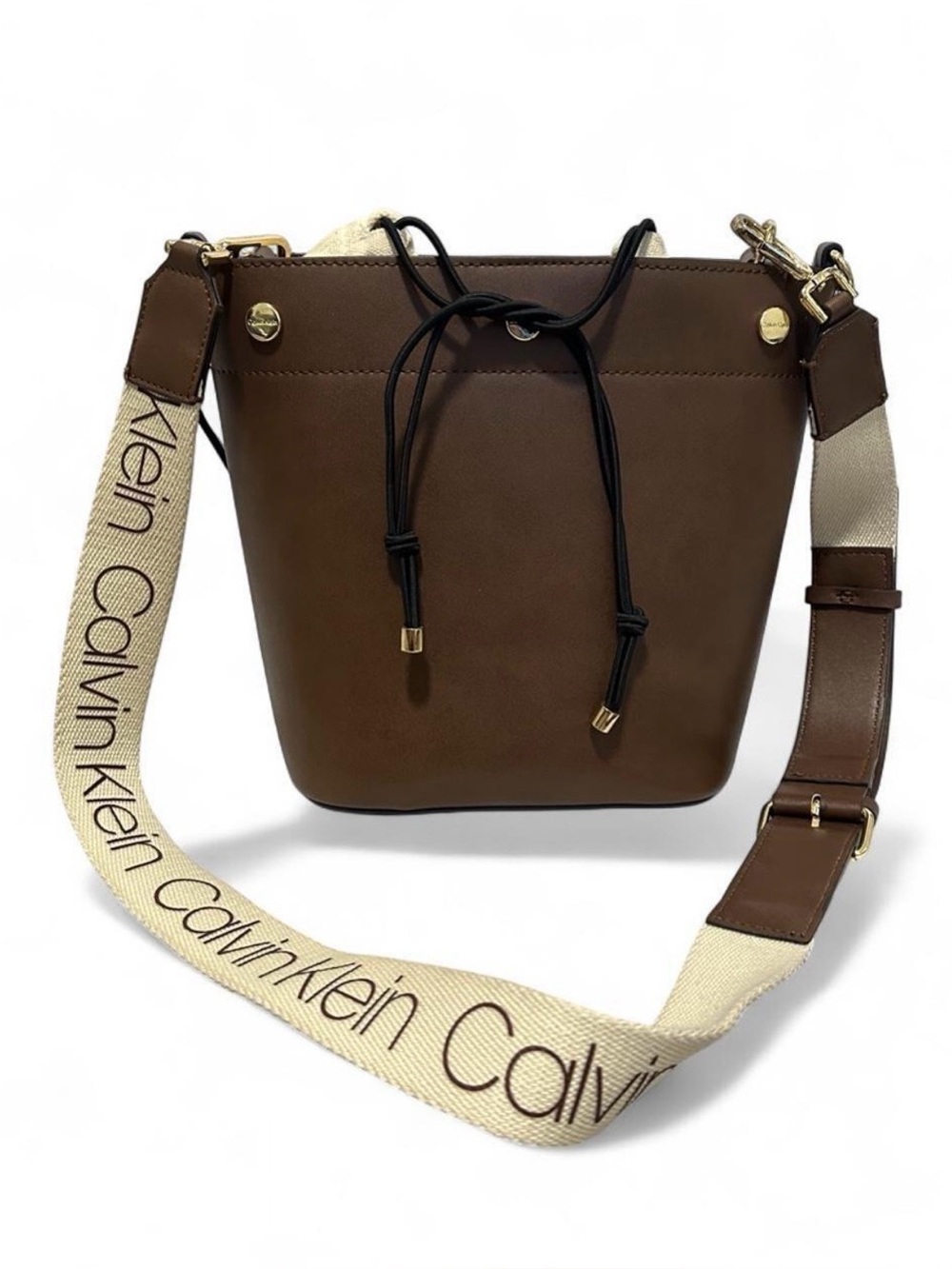 Calvin Klein Faux Leather Brown and Tan Medium Crossbody Bucket Bag